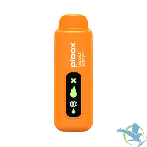 Ploox X disposable vape pod in orange with digital display showing e-liquid level and battery status.