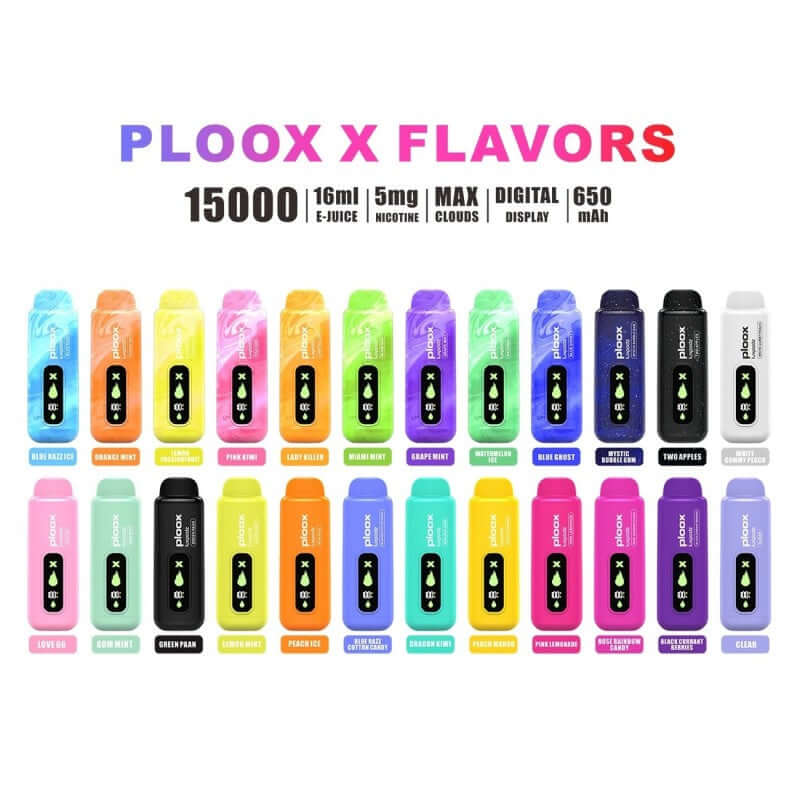 Ploox X disposable vape pod flavors display, showcasing 15,000 puffs, 16ml e-liquid, and digital display features.