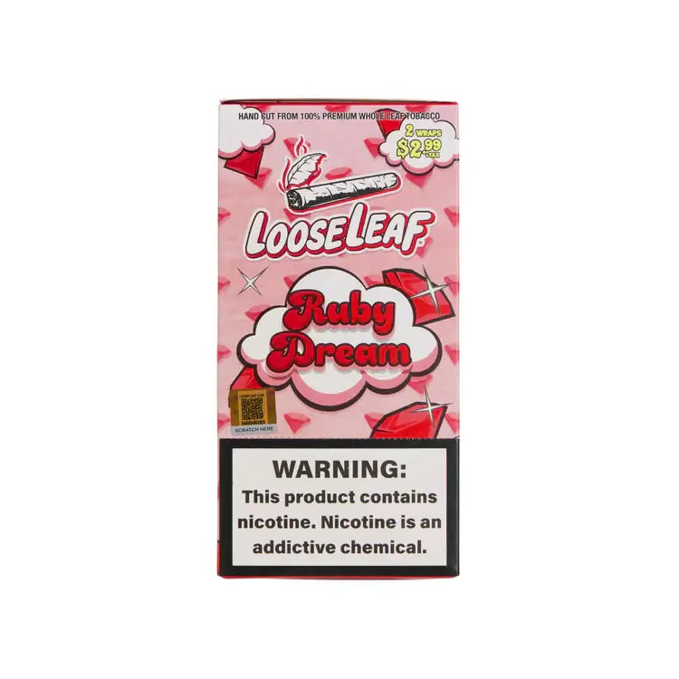 LooseLeaf Ruby Dream wraps package featuring bold design, warning label, and $2.99 price for premium rolling experience.