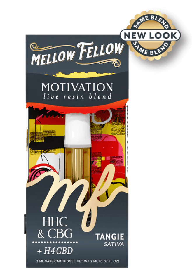 Mellow Fellow Motivation Live Resin Blend Cartridge with HHC and CBG, 2ml, Tangie Sativa flavor.