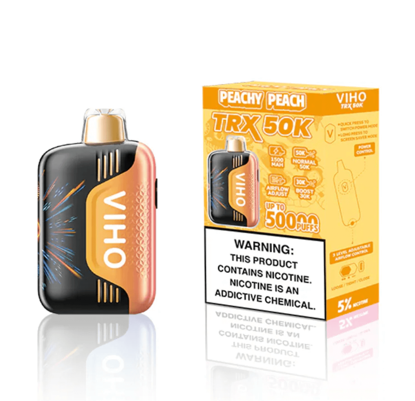 Viho TRX 50K Disposable Vape in Peachy Peach flavor, offering up to 50,000 puffs with sleek design and bold colors.