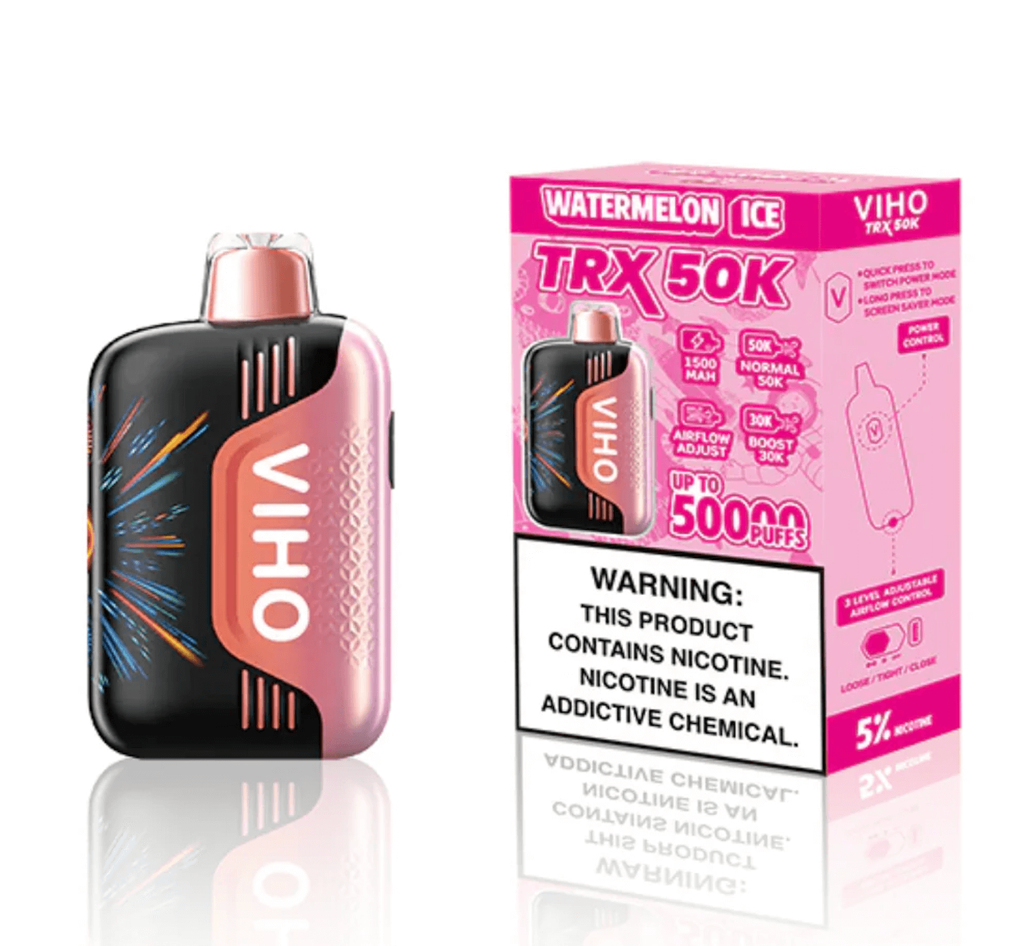 Viho TRX 50K Disposable Vape in Watermelon Ice flavor, offering up to 50,000 puffs with a sleek design and warning label.