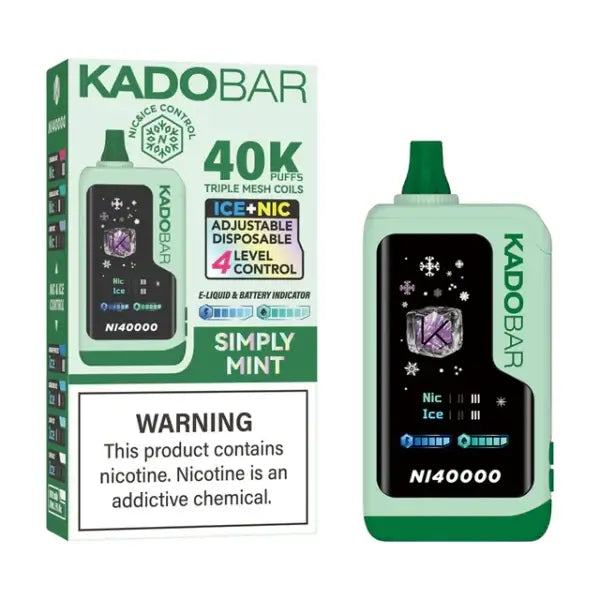 Kado Bar disposable vape, 40K puffs, Simply Mint flavor, adjustable levels, ergonomic design, nicotine warning.