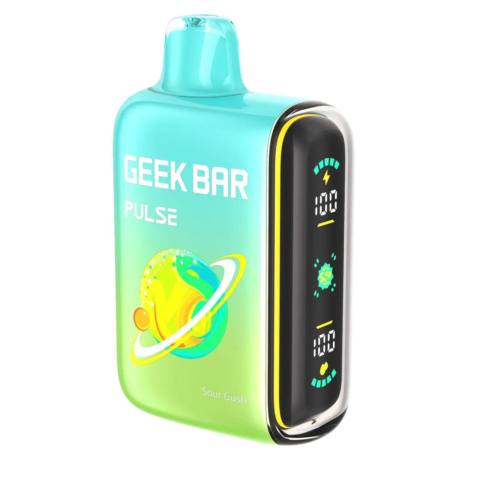 Geek Bar Pulse disposable vape device in Sour Gush flavor with dual power modes for up to 15,000 puffs.