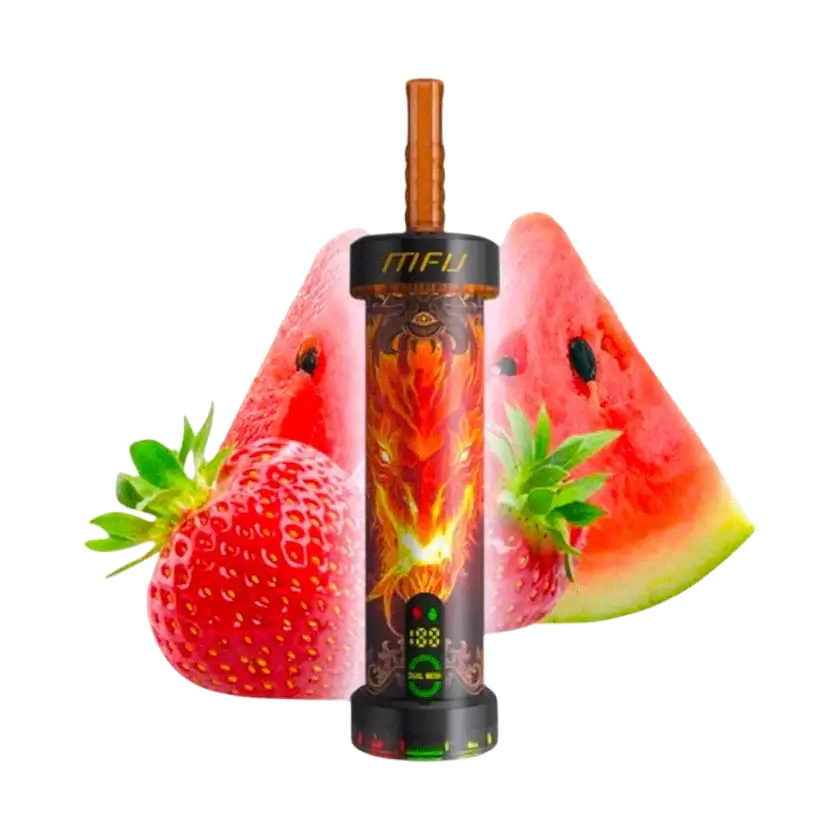 MFU Shisha X1 disposable vape surrounded by strawberries and watermelon, offering 40,000 puffs of rich flavor.