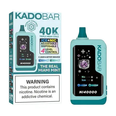 Kado Bar Disposable Vape 40K Puffs with adjustable settings and warning label about nicotine addiction.