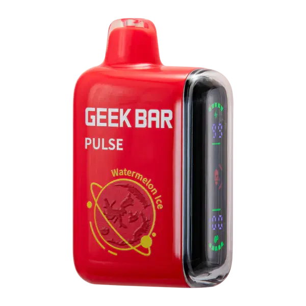 Geek Bar Pulse disposable vape device in red with Watermelon Ice flavor and dual mode display.