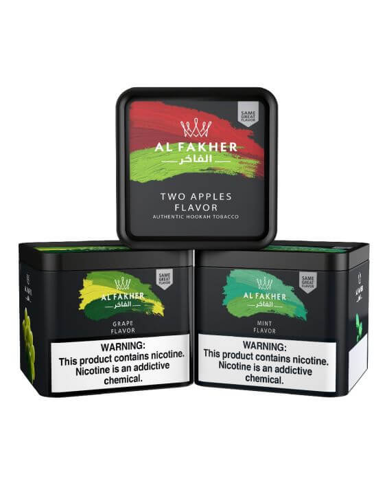 Al Fakher Two Apples and Grape Hookah Tobacco cans, premium flavored shisha tobacco with warning label.