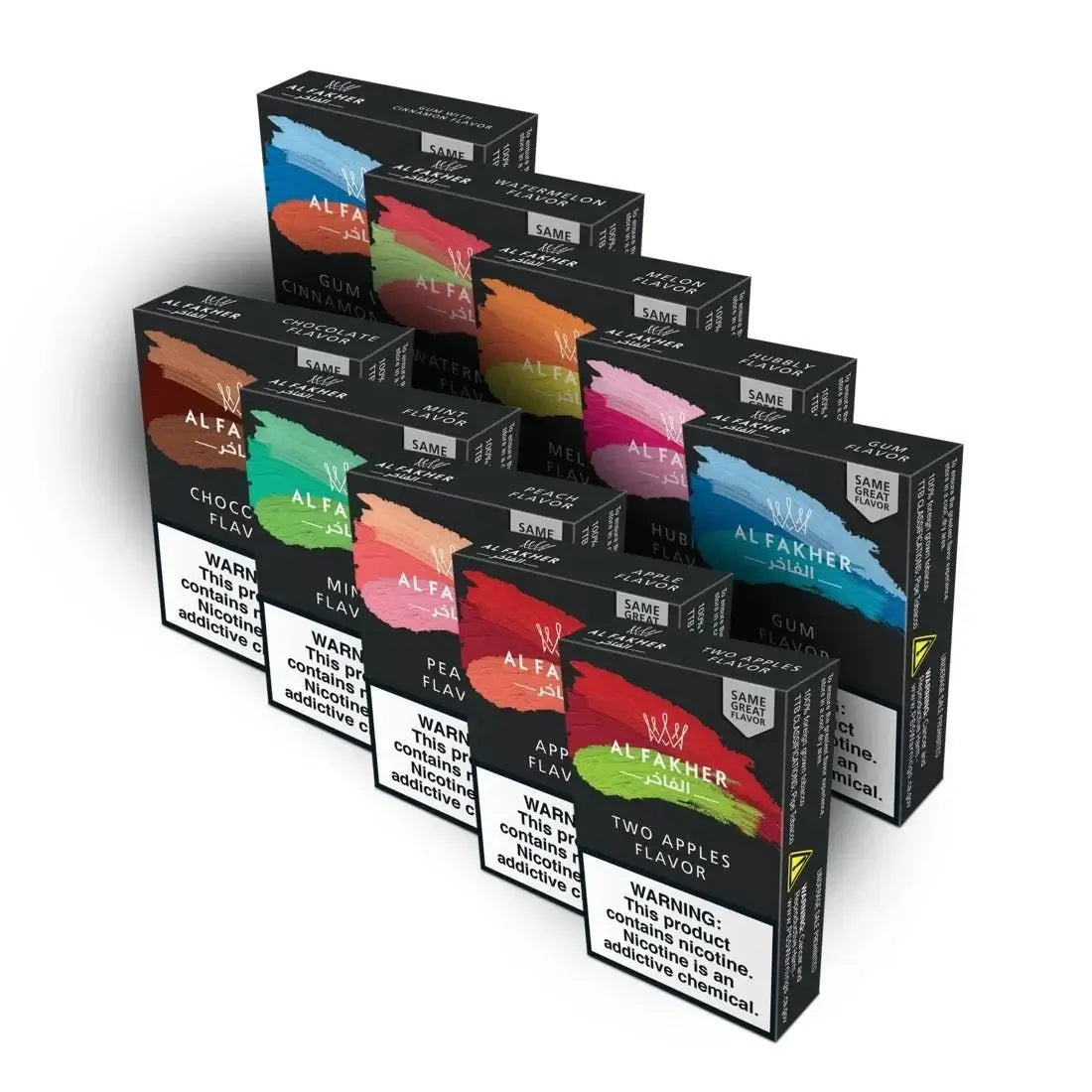 Variety of Al Fakher flavored hookah tobacco boxes, including Two Apples, Mint, and Chocolate.