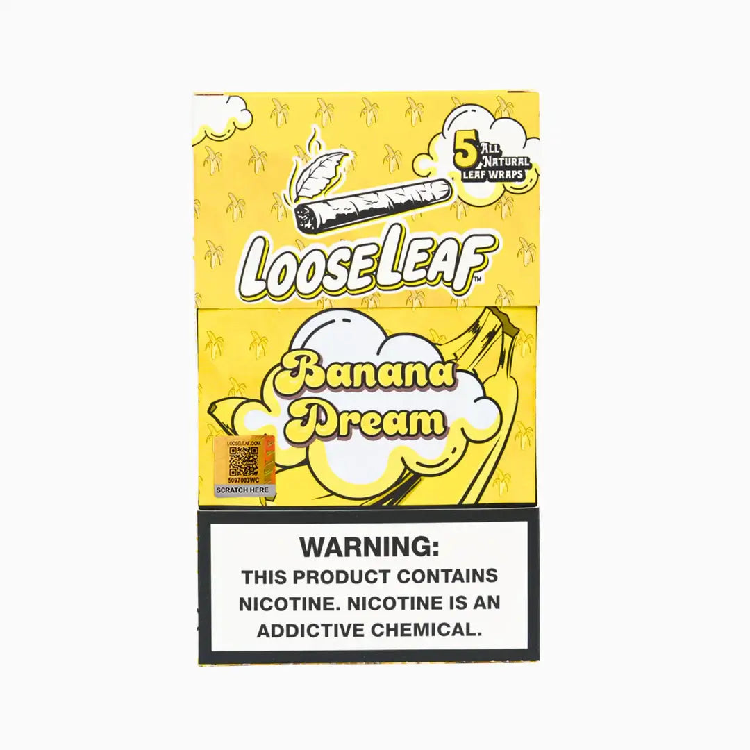 Loose Leaf Natural Leaf Wraps Banana Dream flavor packaging; 5 all-natural wraps with warning about nicotine.