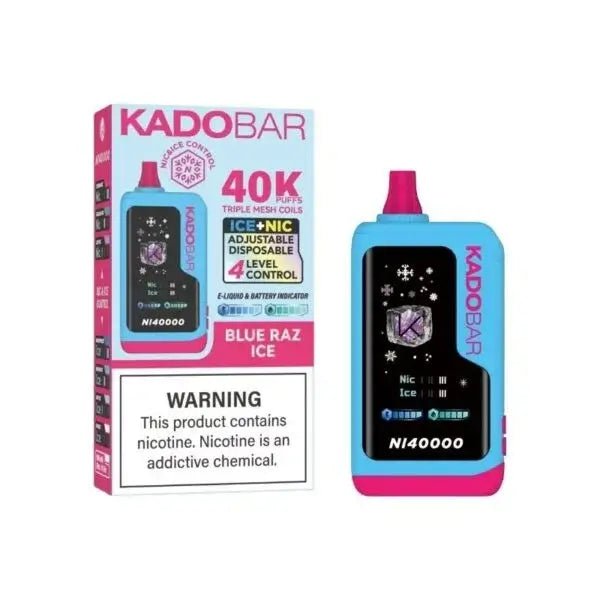 Kado Bar Disposable Vape in Blue Raz Ice flavor, featuring 40K puffs and adjustable nicotine levels.