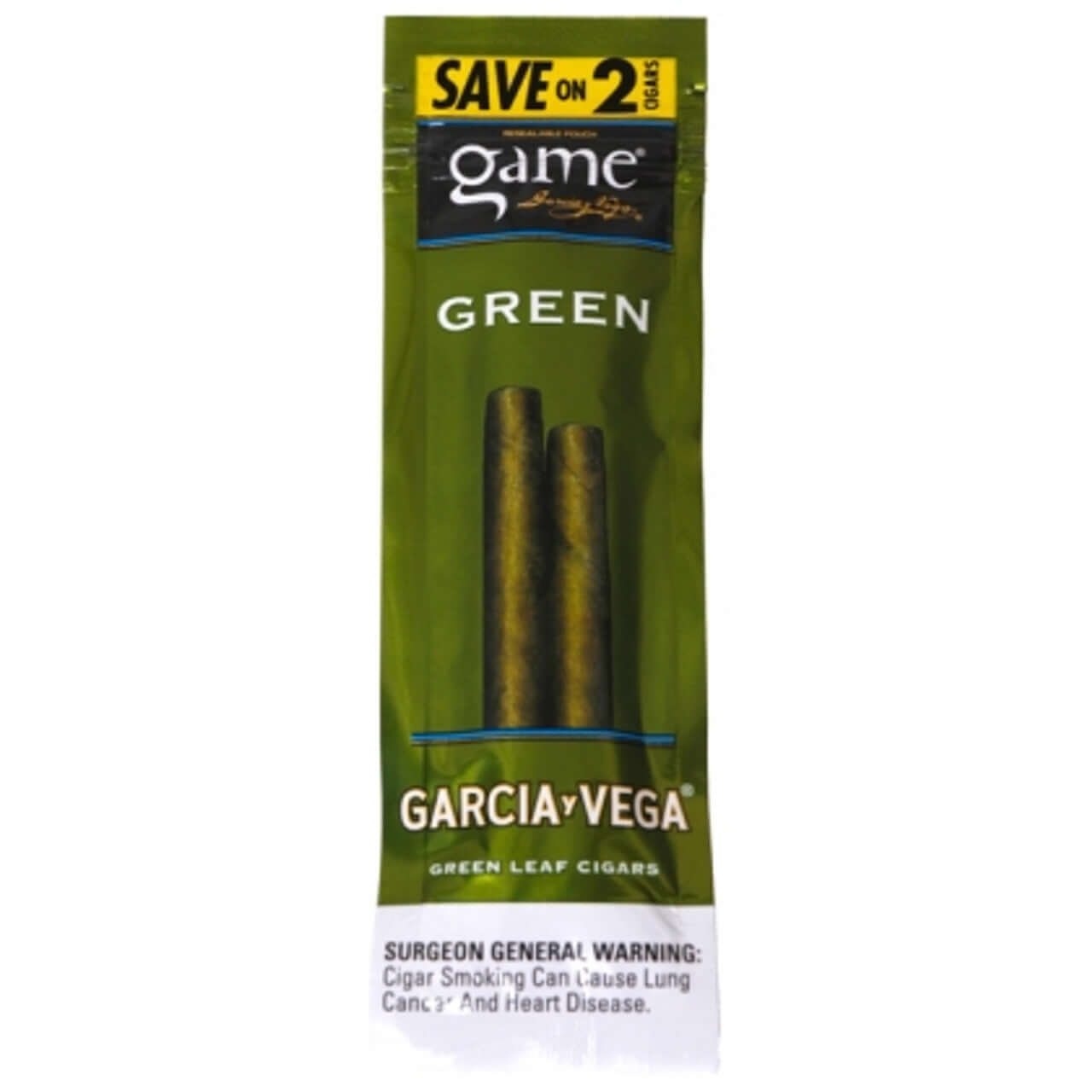 Game Cigarello Green Pack - Garcia y Vega, a 2 pack of flavorful green leaf cigars, sealed for freshness.