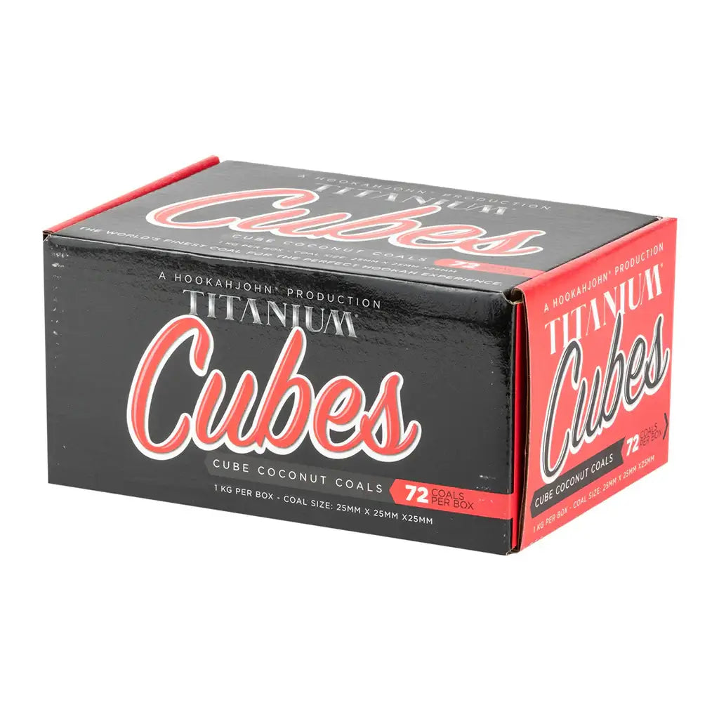 Titanium Cubes coconut hookah charcoal box containing 72 cube coals for optimal smoking sessions.