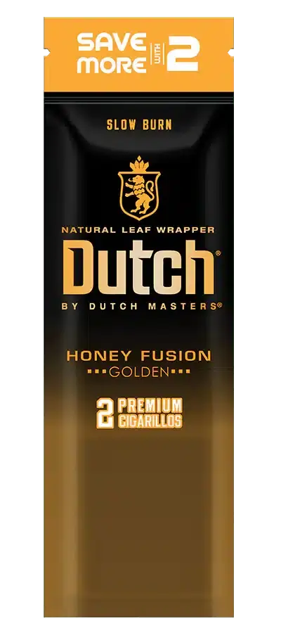 Dutch Natural Leaf Wrapper cigarillos, Honey Fusion flavor, premium 2-pack, smooth smoke, slow burn.