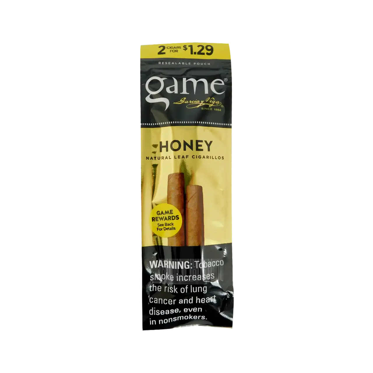 Game Cigarello Honey flavor, 2 pack, crafted by Garcia y Vega, perfect for a smooth, mellow smoke.