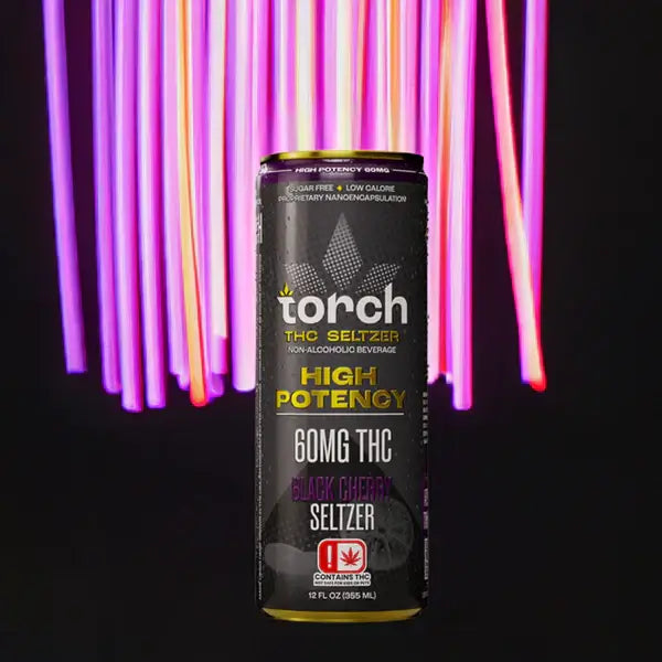 Torch THC Black Cherry Seltzer can with 60mg THC, featuring vibrant neon lights in the background.