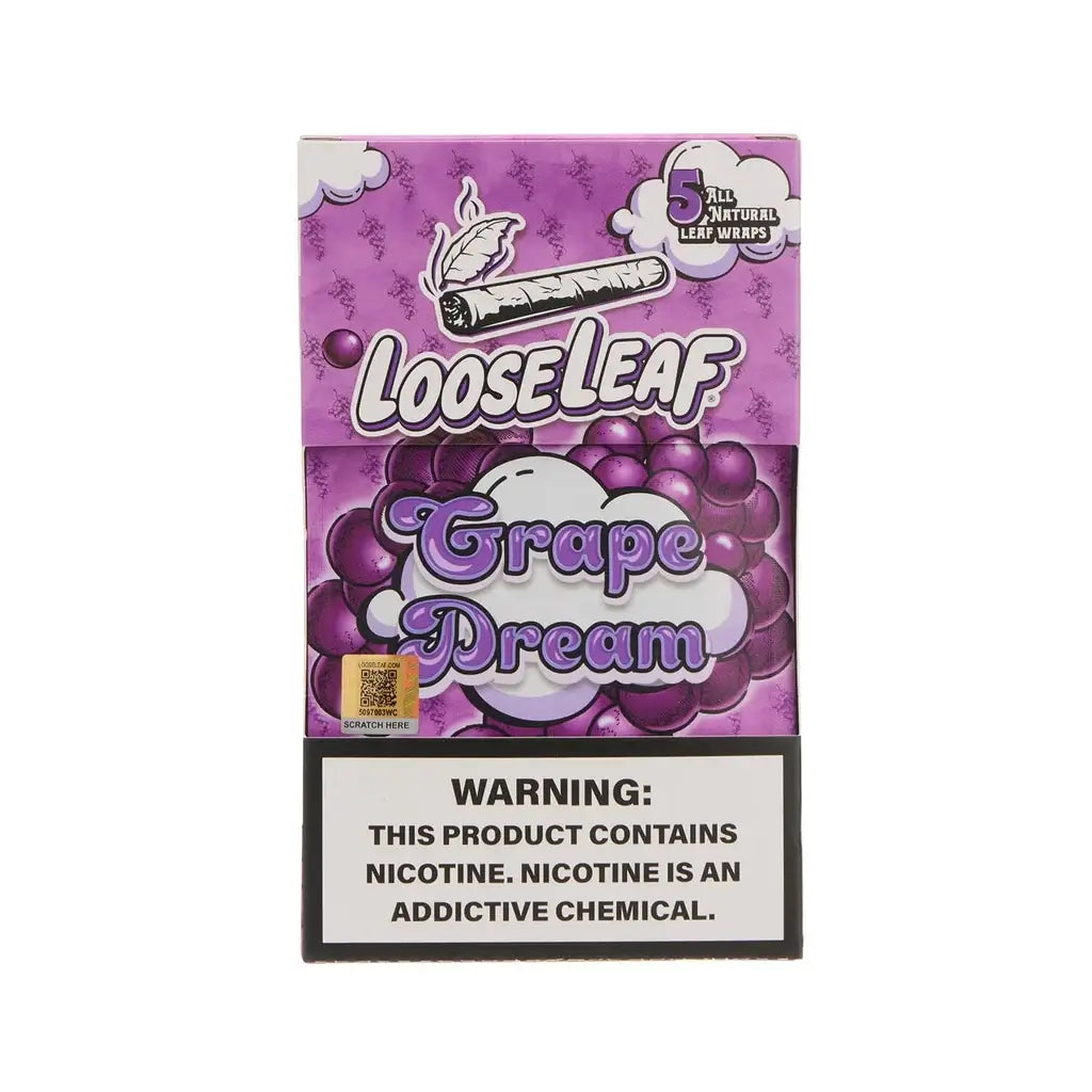 Loose Leaf Grape Dream Leaf Wraps pack with warning label, featuring 5 all-natural wraps for a quality smoke.