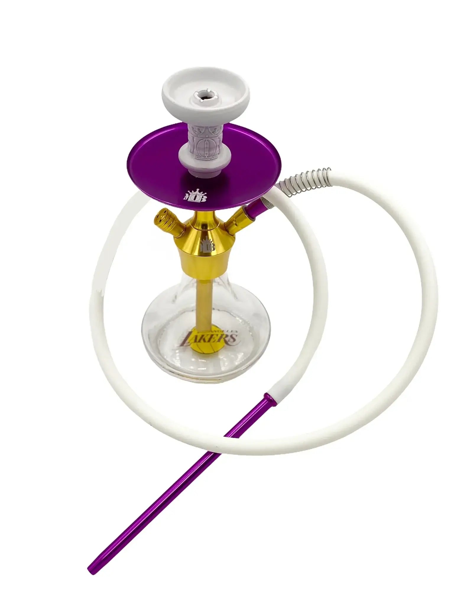 MOB Hookah XARA in purple and gold, 15-inch tabletop design with thick glass base and premium clay bowl for flavorful clouds.