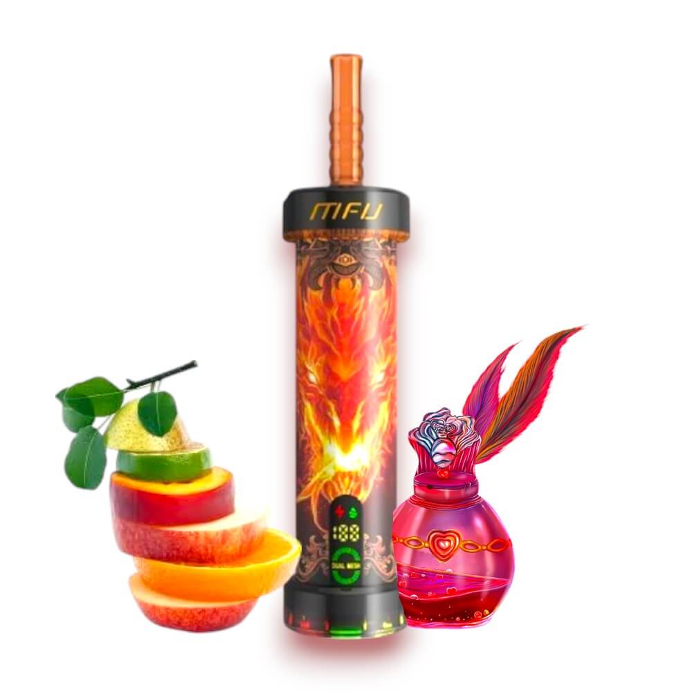 MFU Shisha X1 disposable vape with fruit slices and a decorative bottle, showcasing flavor and vibrant design.
