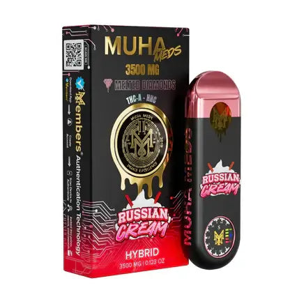 Muha Meds THC-P vape 3500mg with hybrid Russian Cream flavor and melted diamonds packaging.