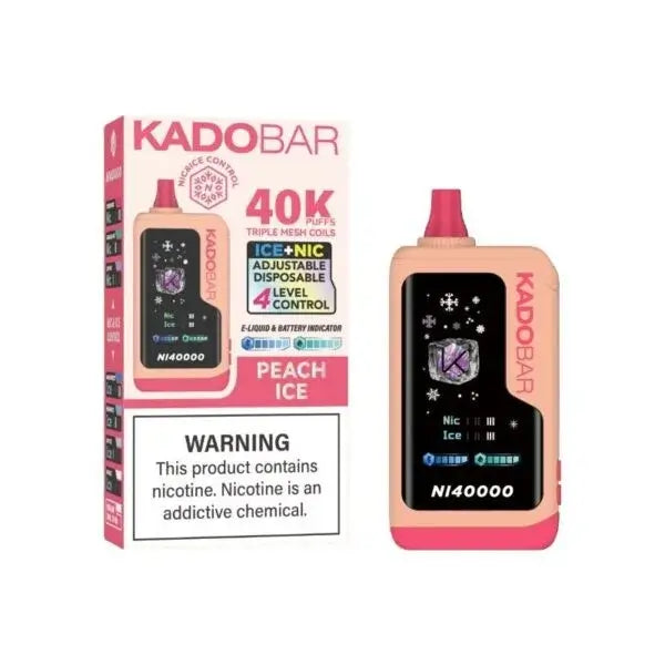 Kado Bar Disposable Vape with Peach Ice flavor, 40K puffs, adjustable nicotine and warning label.