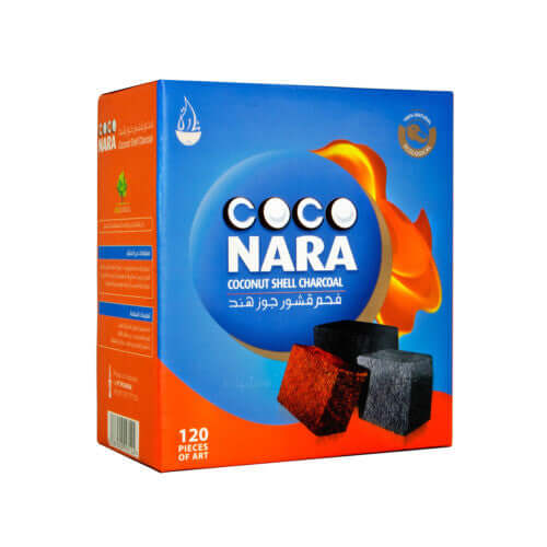 Coco Nara Coconut Shell Hookah Charcoal box displaying 120 natural coal pieces for a clean smoking experience.