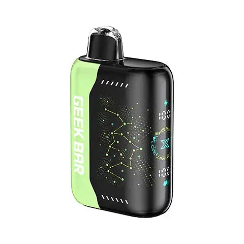 Geek Bar Pulse X vape device in black and green with LED display, designed for 25,000 puffs.