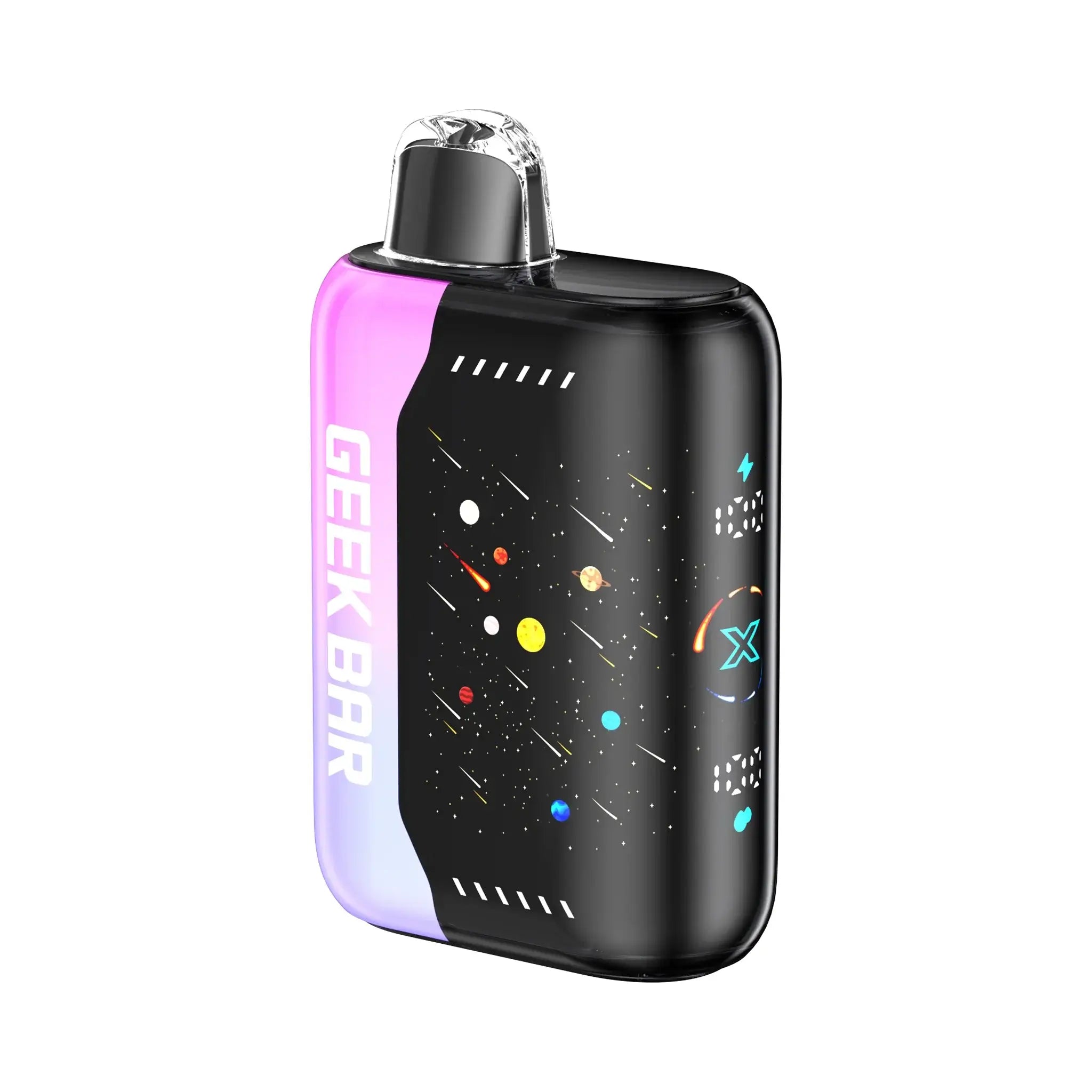 Geek Bar Pulse X disposable vape with a vibrant space-themed design and LED display, offering 25,000 puffs.