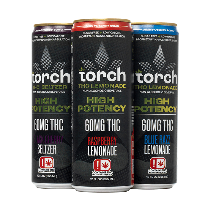 Torch THC Lemonade cans in dark cherry, raspberry, and blue razz flavors, each containing 60MG THC.