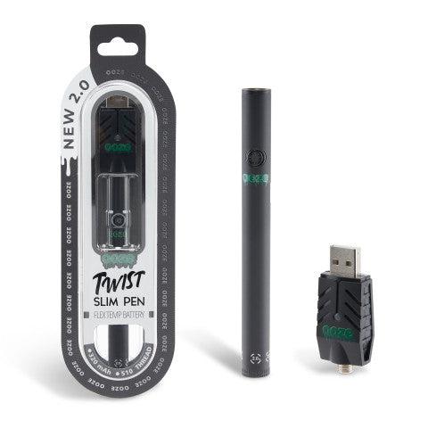 Oozo Twist Slim Pen with Flex Temp Battery in packaging, sleek design, and USB charger.