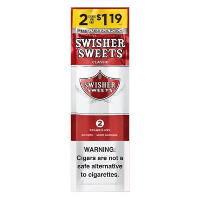 Swisher Sweets Cigarillos 2-pack, smooth and slow-burning cigars, available for $1.19, resealable pouch.