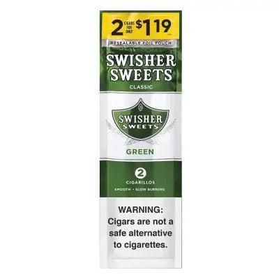 Swisher Sweets Cigarillos pack featuring classic green design, priced at $1.19 for 2, with warning label.