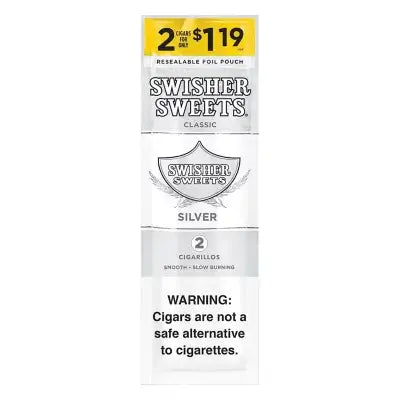 Swisher Sweets Cigarillos 2-pack pouch with classic silver design and warning label.