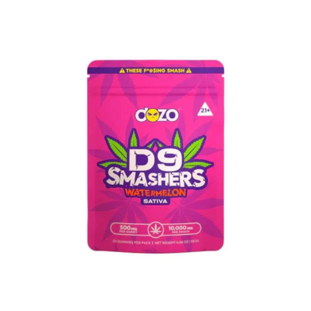Dozo D9 Smashers Watermelon Gummies - 500mg each, 20 pack, Sativa strain, for experienced users.