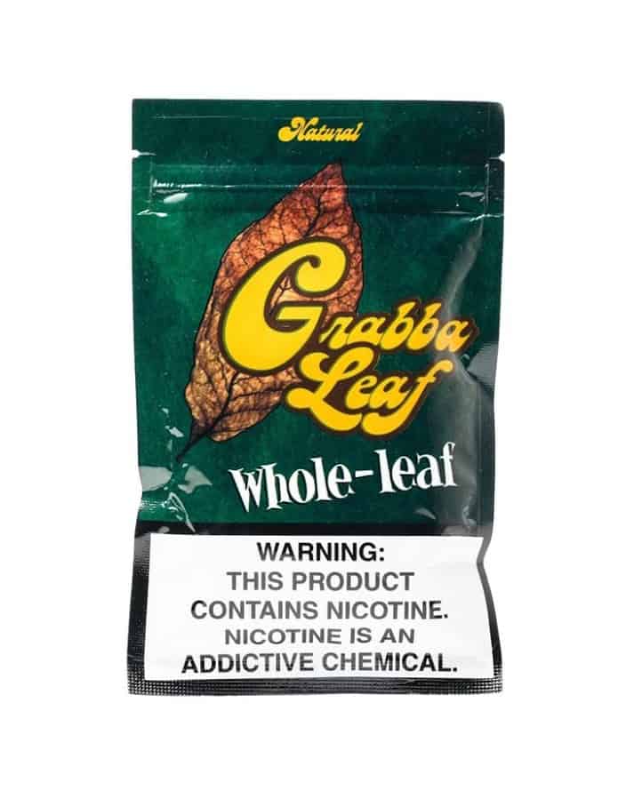 Grabba Leaf Whole Leaf pouch featuring 100% natural tobacco, unflavored and chemical-free, with warning label.