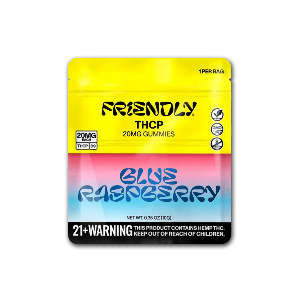 Friendly THCP Gummies 20MG in Blue Raspberry flavor packaging.