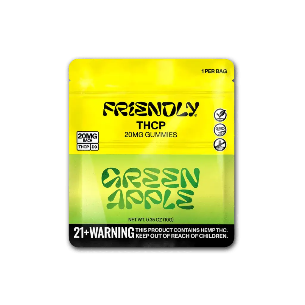 Friendly THCP 20MG Green Apple Gummies packaging, featuring vibrant yellow design.