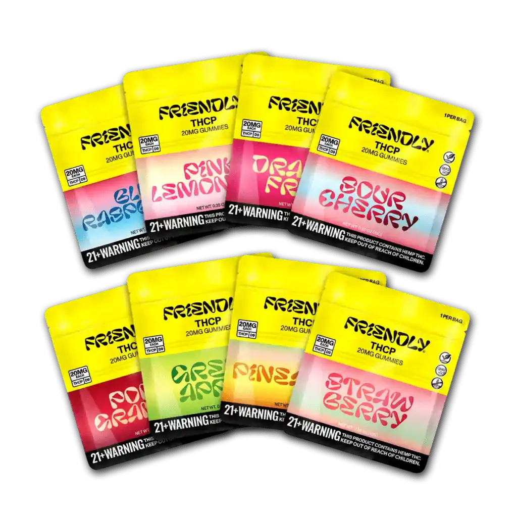 Friendly THCP 20MG gummies assortment packs in vibrant packaging, featuring flavors like Sour Cherry and Strawberry.