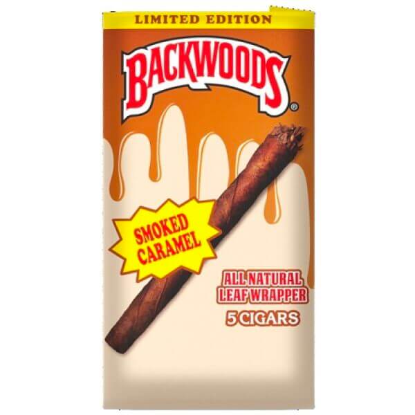 Backwoods All Natural Leaf Wrap 5 Pack, Limited Edition Smoked Caramel flavor, rustic cigars for an authentic smoking experience.
