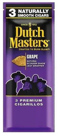 Dutch Masters Premium Cigarellos 3 Pack featuring Grape flavor and natural Ecuador shade leaf wrapper.