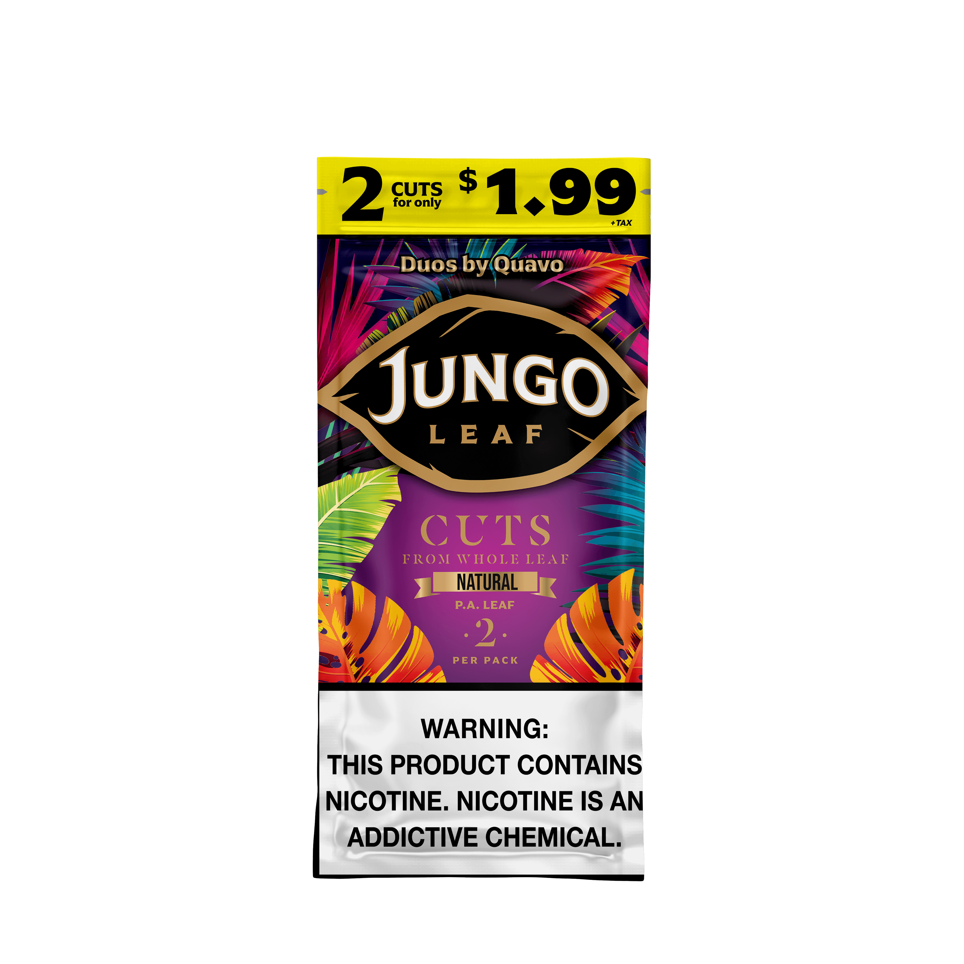 JUNGO Leaf by Quavo natural wraps pack with vibrant design and warning label, featuring 2 cuts for $1.99.