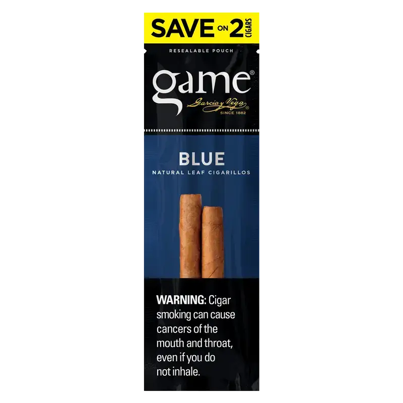 Game Cigarello Blue 2 Pack by Garcia y Vega, resealable pouch, natural leaf cigars.