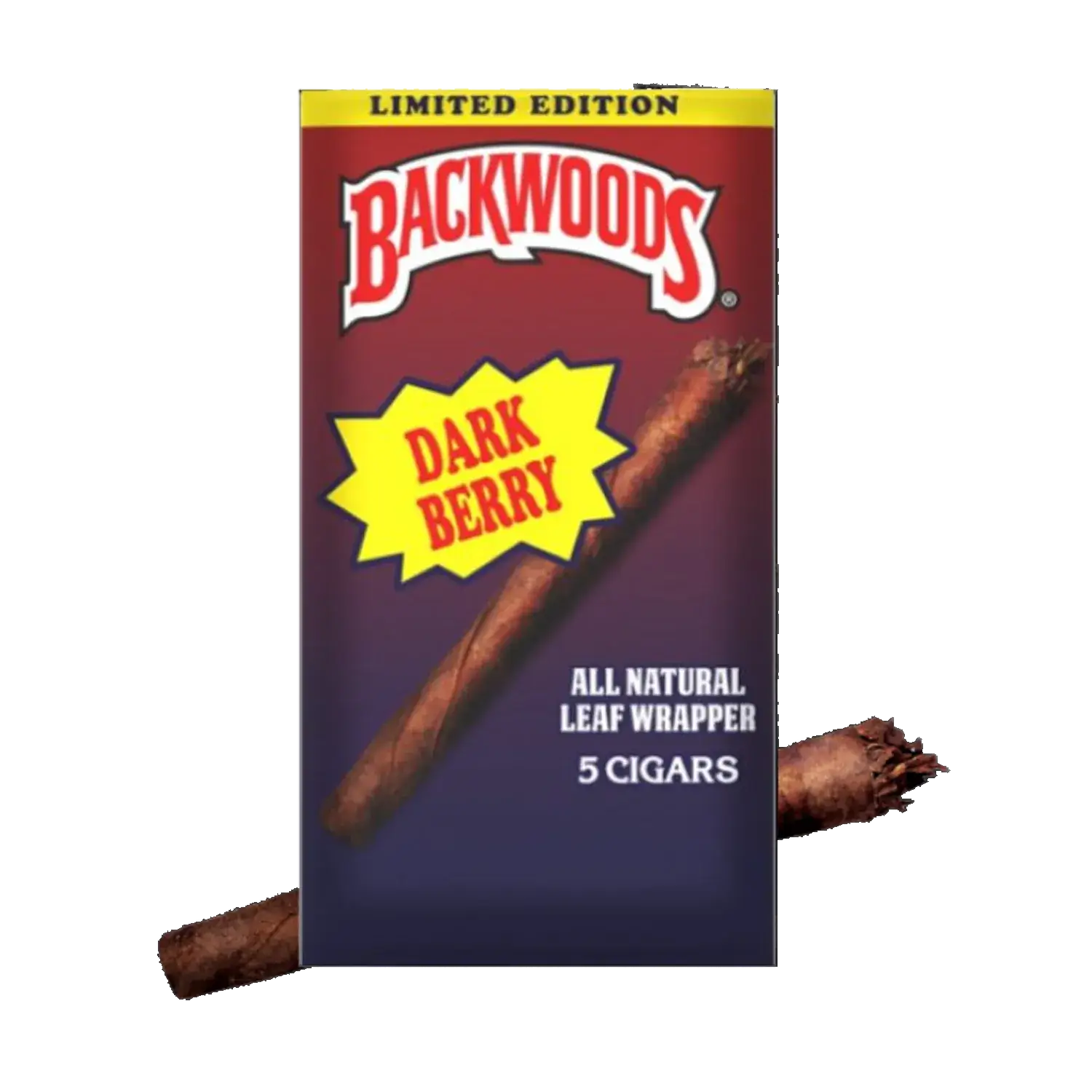Backwoods All Natural Leaf Wrap in Dark Berry, limited edition, 5-pack showing rustic cigars.