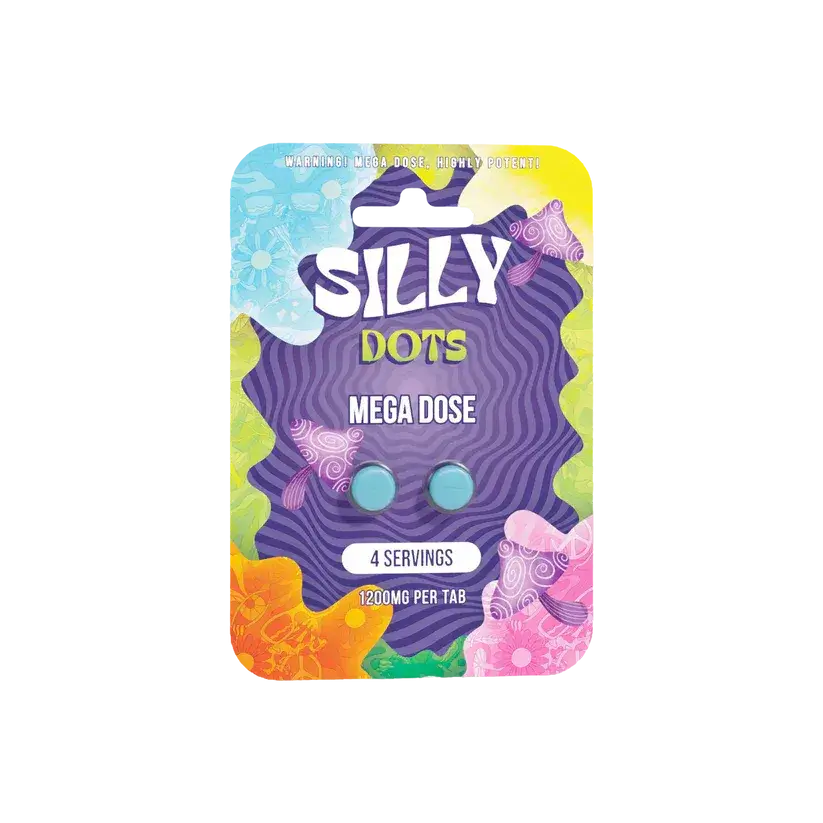 Silly Dots Mega Dose 1200mg mushroom-infused edible packaging with vibrant colors and 4 servings.