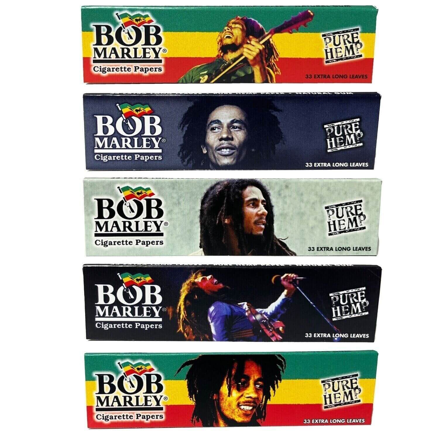 Bob Marley Cigarette Papers boxes featuring reggae designs, made from pure hemp for a smooth burn.