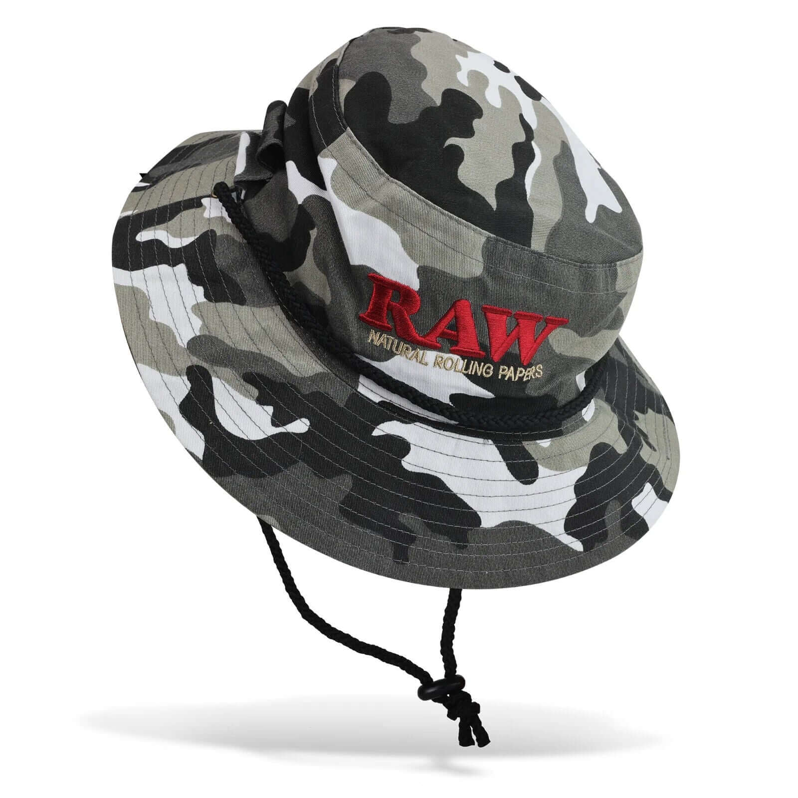 RAW Camo Bucket Hat with bold logo, designed for smokers, made from 100% cotton for comfort and durability.
