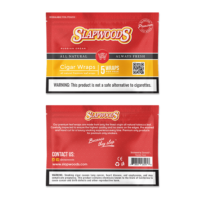 Slapwoods All Natural Pre-Rolled Leaf Wraps package featuring 15 wraps with warning label and contact information.