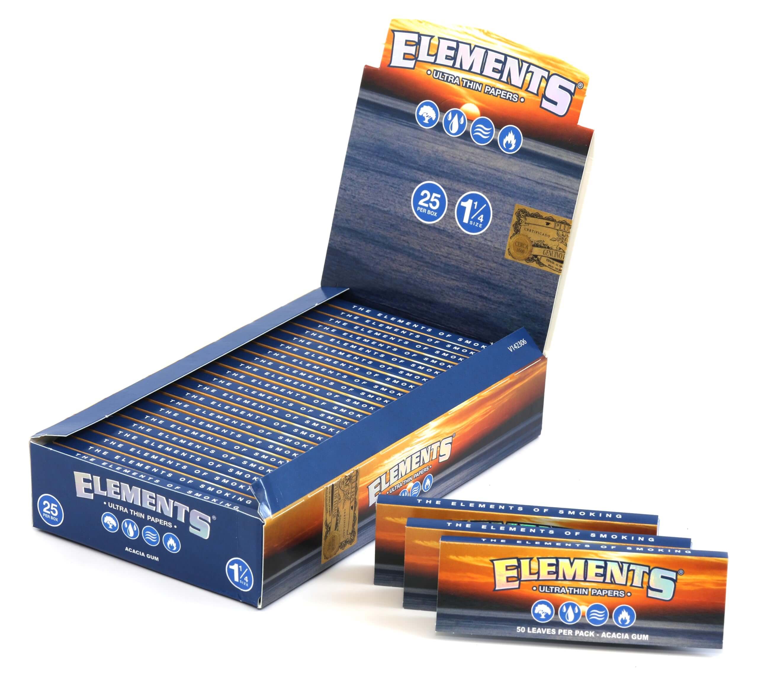 Elements Ultra Thin Rolling Papers box showcasing 25 packs of 1 1/4 size slim rice papers for a smooth, slow burn.
