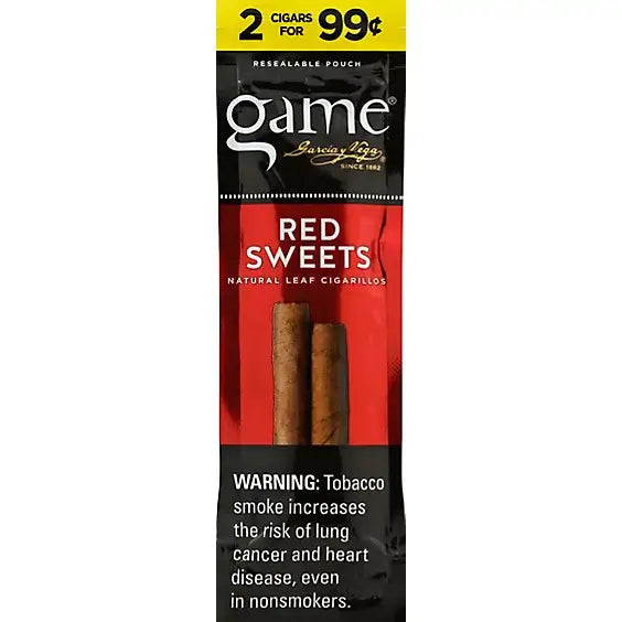 Game Cigarello Red Sweets 2 Pack in a resealable pouch by Garcia y Vega, offering bold flavor and freshness.