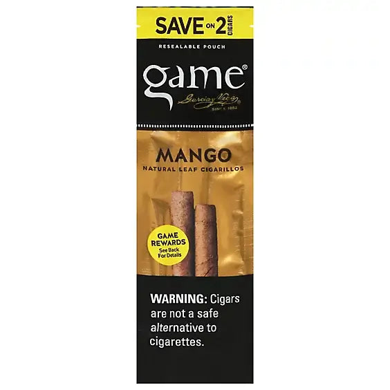 Game Cigarello 2 Pack, mango flavor, resealable pouch, natural leaf cigars by Garcia y Vega, bold flavor and freshness.